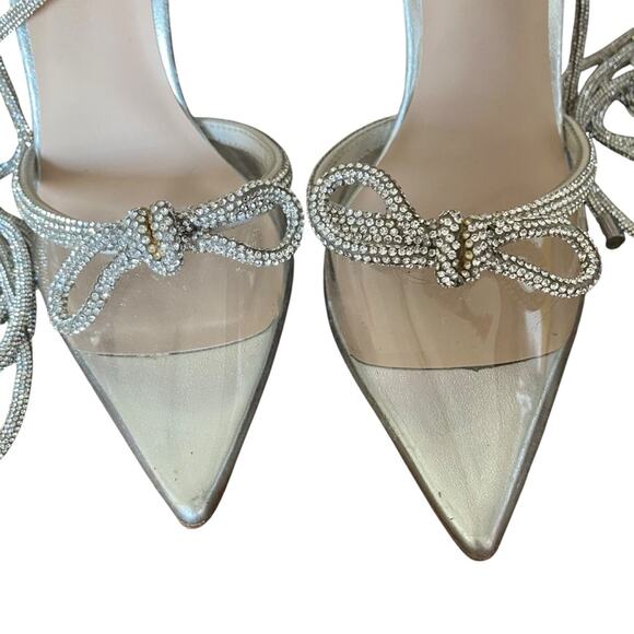 Aldo Halalia Silver Rhinestone Clear Point Bow Embellished Heels Pumps size 7 - Picture 5 of 12